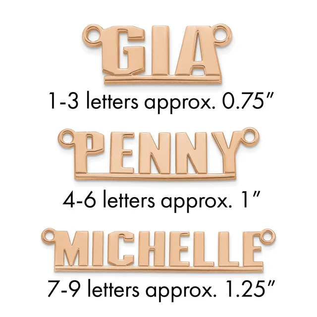 Three rose gold metal name plates with hanging loops showing size examples: GIA (0.75 inches), PENNY (1 inch), and MICHELLE (1.25 inches).