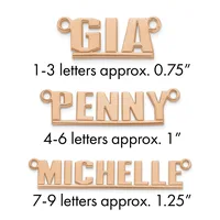 Three rose gold metal name plates with hanging loops showing size examples: GIA (0.75 inches), PENNY (1 inch), and MICHELLE (1.25 inches).