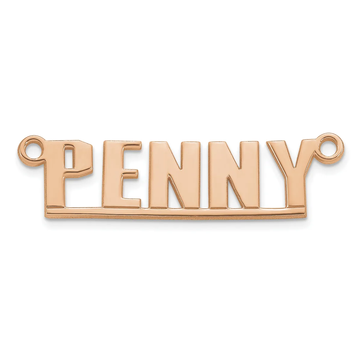 Rose gold-toned metal nameplate pendant with the word "PENNY" in capital letters and small loops on each end for attachment.