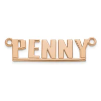 Rose gold-toned metal nameplate pendant with the word "PENNY" in capital letters and small loops on each end for attachment.