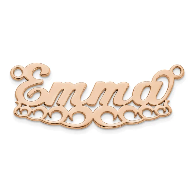 Rose gold-toned metal nameplate pendant with decorative scrollwork borders and two small loops at the top for attachment.