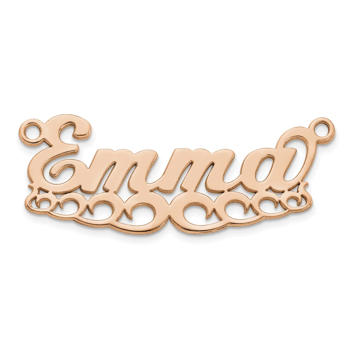 Rose gold-toned metal nameplate pendant with decorative scrollwork borders and two small loops at the top for attachment.