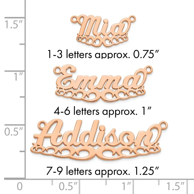 Three copper-colored nameplate pendants shown against a ruler displaying sizes: "Mid" at 0.75 inches, "Emma" at 1 inch, and "Addilynn" at 1.25 inches.