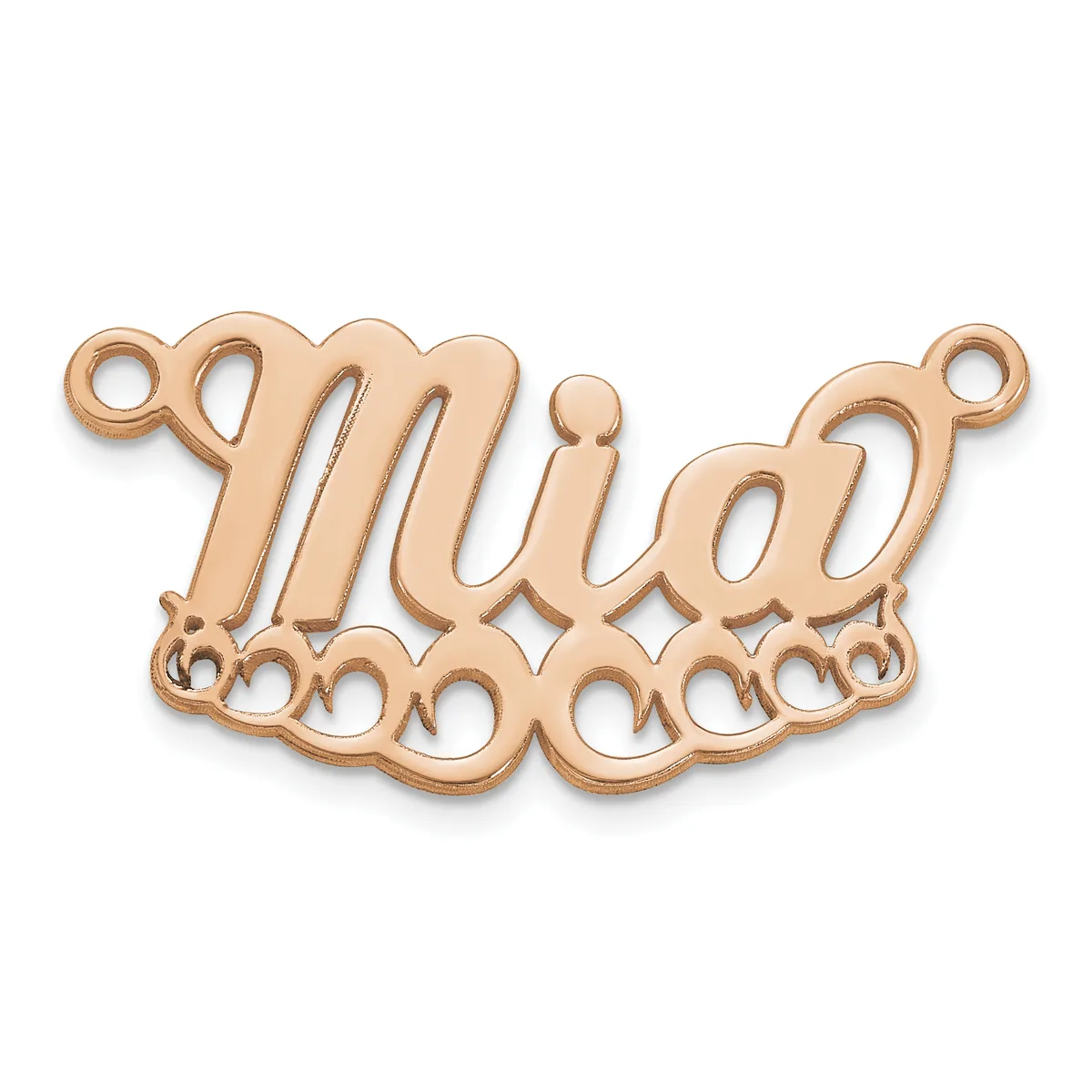 Rose gold-colored metal nameplate pendant with the name "mia" in cursive script, featuring decorative scalloped edges and small loops at the corners for attachment.