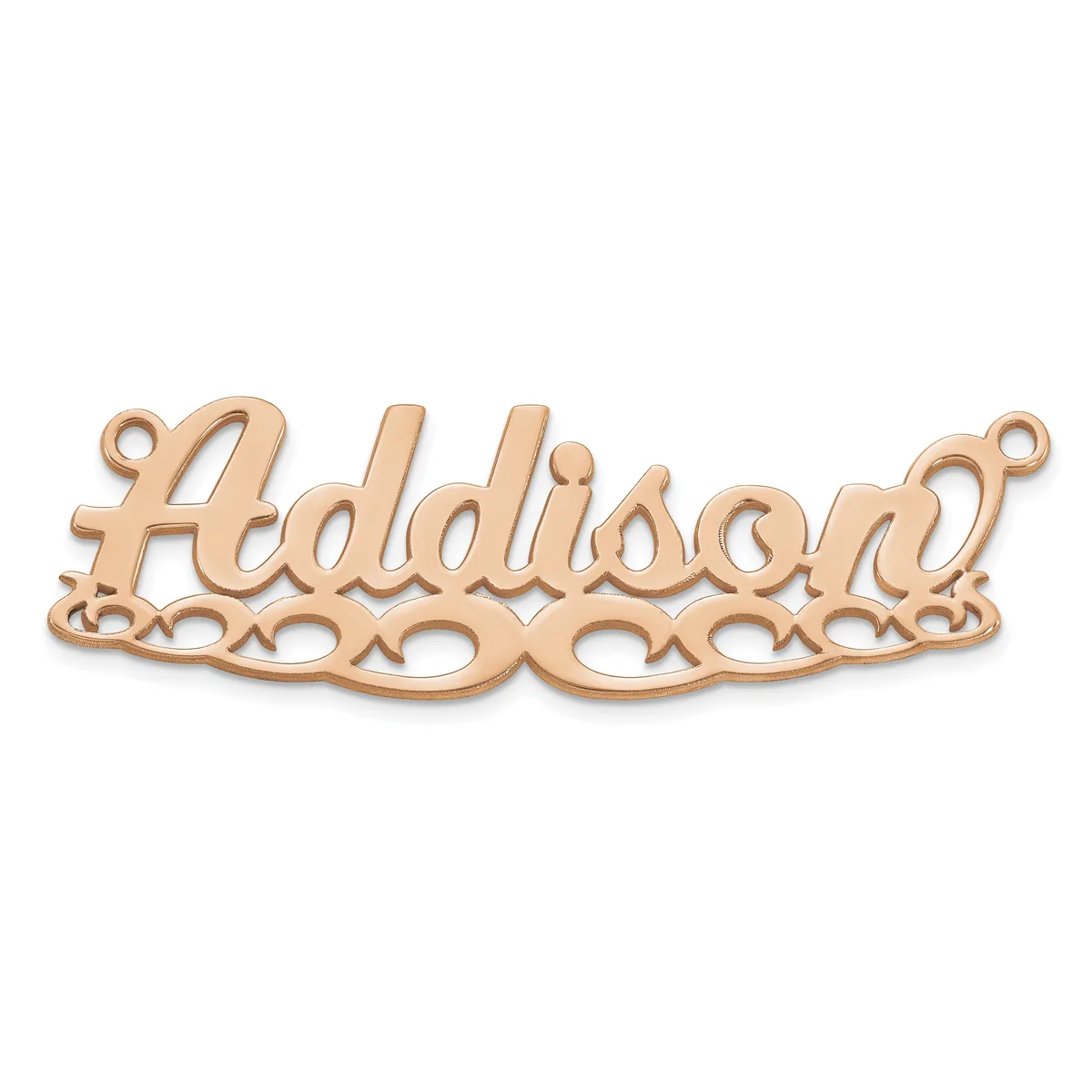 A rose gold-toned metal pendant with the word "Adohiband" in cursive script, featuring decorative scroll work below and two small loops at the top and bottom for attachment.