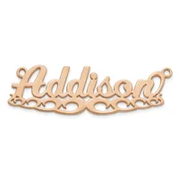A rose gold-toned metal pendant with the word "Adohiband" in cursive script, featuring decorative scroll work below and two small loops at the top and bottom for attachment.