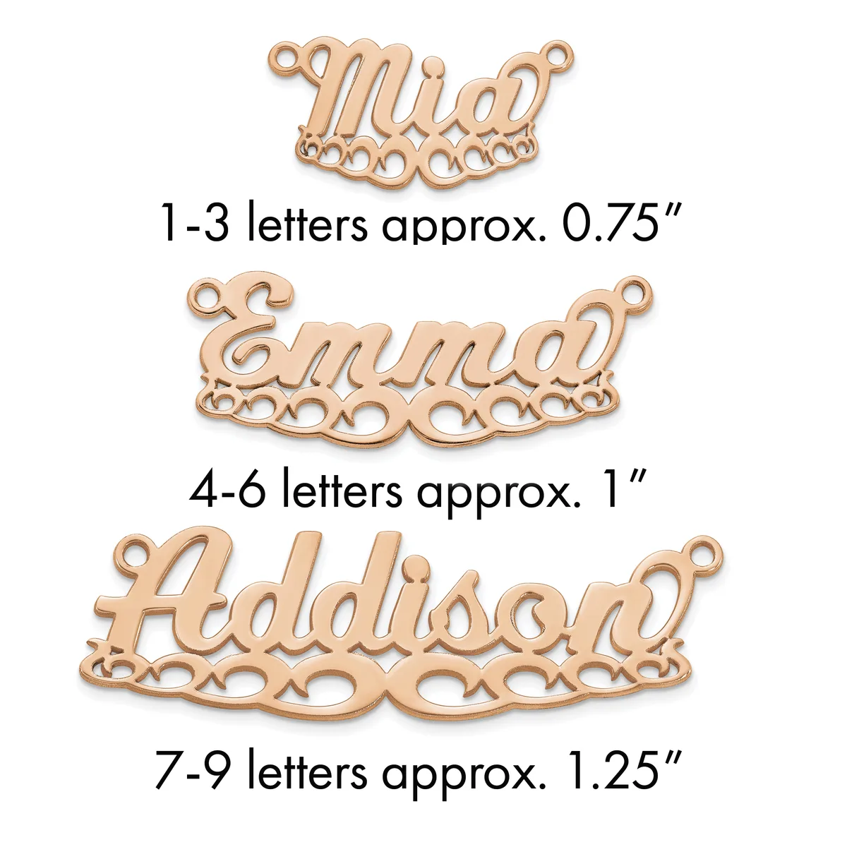 Three rose gold name plate pendants with decorative borders, sized for 1-3 letters, 4-6 letters, and 7-9 letters respectively, each with two loops for attachment.