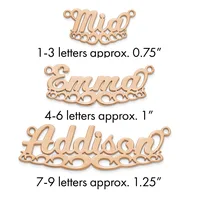 Three rose gold name plate pendants with decorative borders, sized for 1-3 letters, 4-6 letters, and 7-9 letters respectively, each with two loops for attachment.