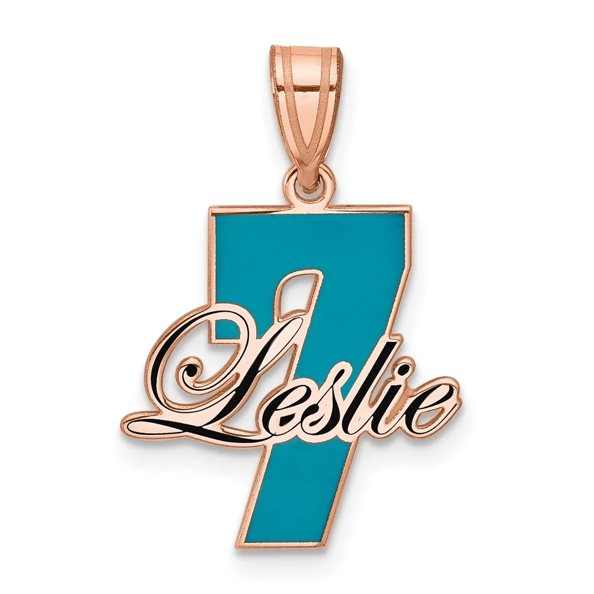 Rose gold pendant featuring the name Leslie in script over a turquoise enamel number 7, suspended from a matching bail.