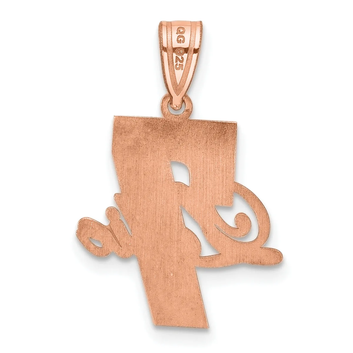 Rose gold pendant shaped like the state of Louisiana with decorative flourishes on the sides and a small stamped hallmark on the bail.