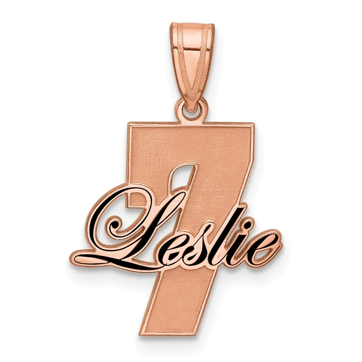 Rose gold pendant featuring the number 4 with the name Leslie in cursive script overlaid, suspended from a bail loop.