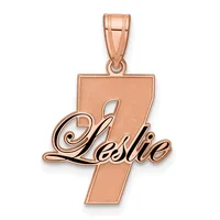 Rose gold pendant featuring the number 4 with the name Leslie in cursive script overlaid, suspended from a bail loop.