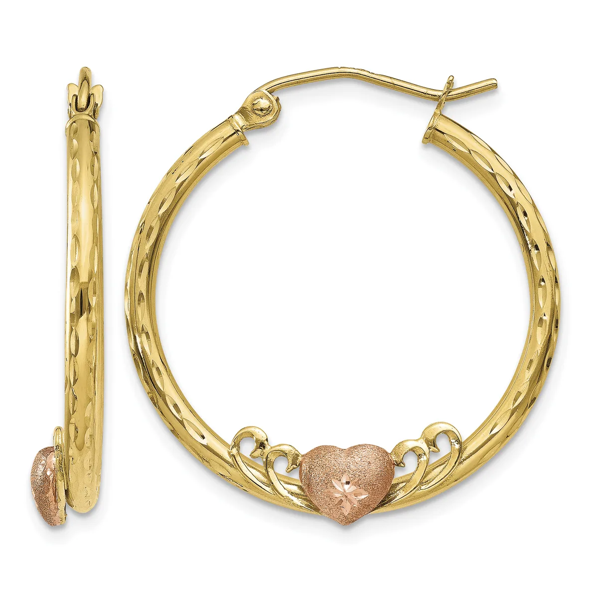 Pair of gold hoop earrings with textured surface and rose gold heart charms attached at the bottom, shown from front and side views.