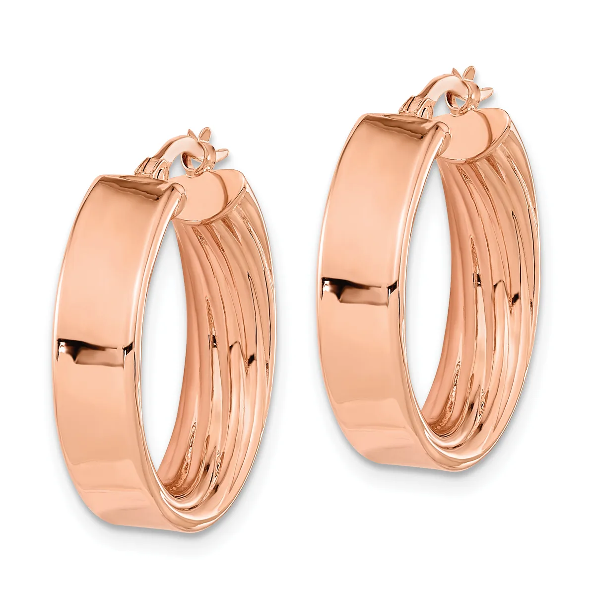 Two polished rose gold hoop earrings with ridged inner surfaces and smooth outer surfaces, displayed side by side with posts and clutch backs visible.