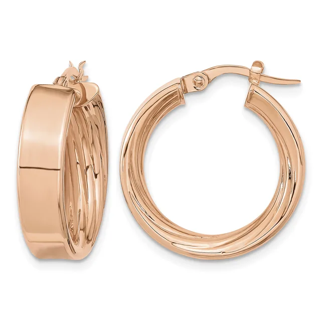 Pair of polished rose gold hoop earrings with a grooved textured design on the inner surface, shown from front and side views.