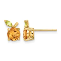 Pair of gold stud earrings featuring round citrine stones with small marquise-cut peridot leaves attached to the top of each stone.