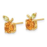 A pair of gold stud earrings featuring oval-cut citrine gemstones with pear-shaped peridot accents on top, displayed against a white background.