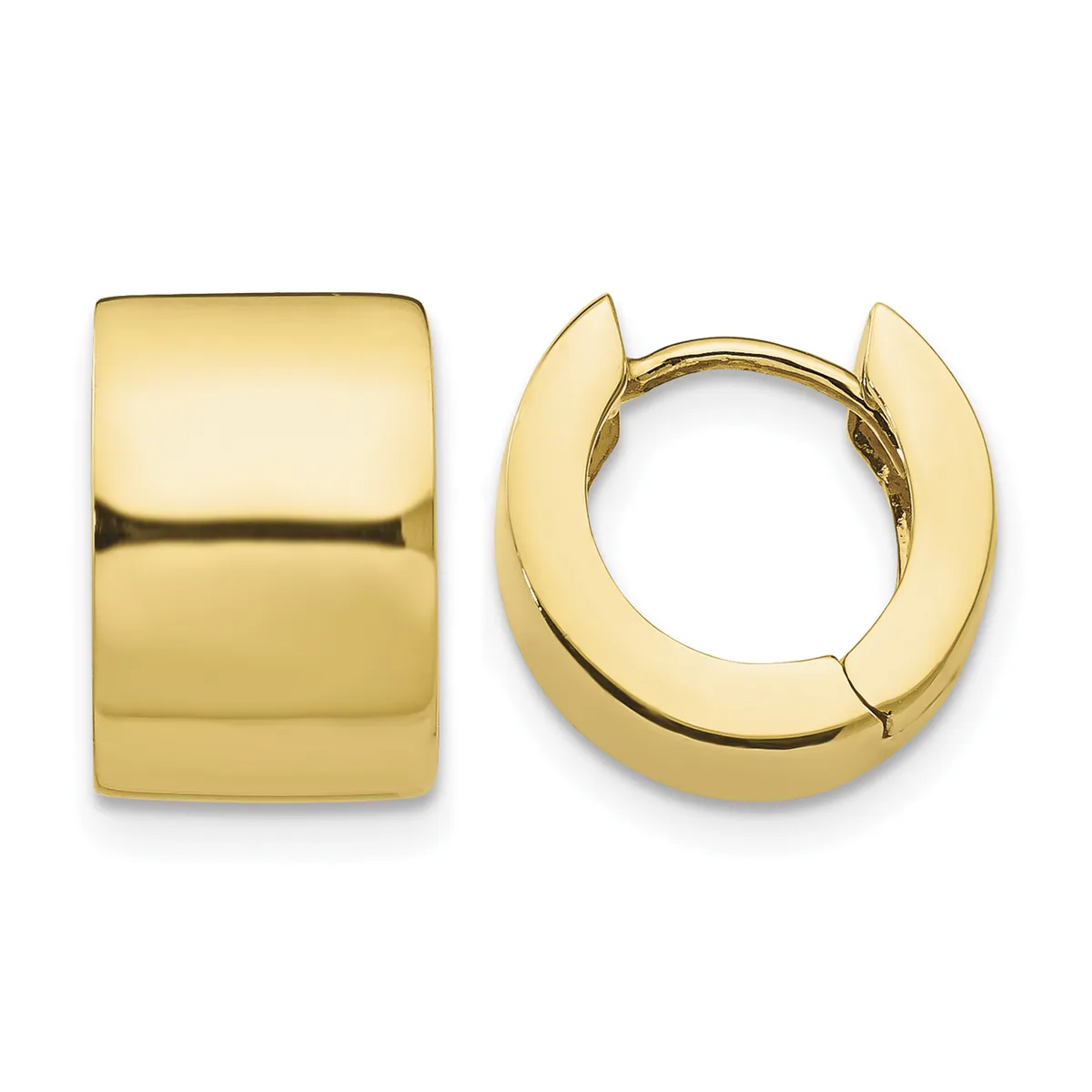 A pair of polished gold-colored chunky hoop earrings displayed from front and side angles, showing their curved cylindrical shape and hinged closures.