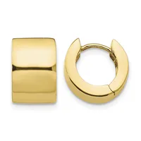 A pair of polished gold-colored chunky hoop earrings displayed from front and side angles, showing their curved cylindrical shape and hinged closures.