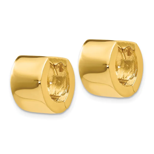 A pair of polished gold-colored chunky cylindrical hoop earrings with a brushed texture on the inner surface, shown from the front.