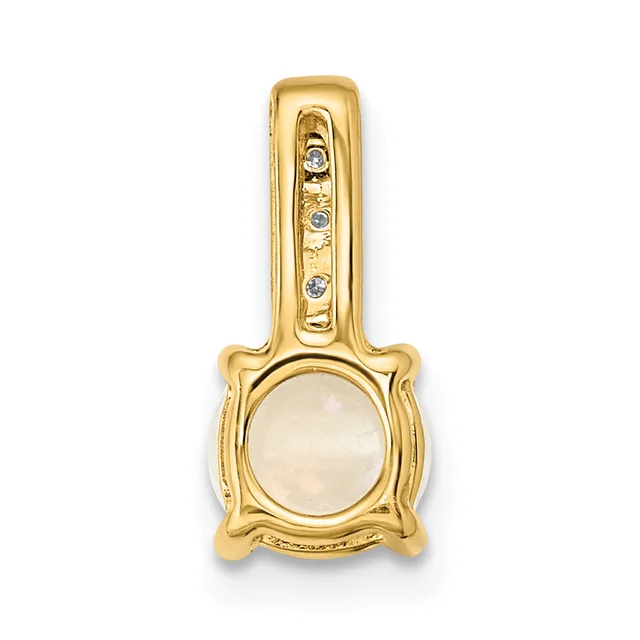 Gold pendant with a square-framed round white stone centerpiece and a bale top set with small diamonds.