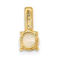 Gold pendant with a square-framed round white stone centerpiece and a bale top set with small diamonds.
