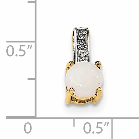 A two-tone pendant with a white oval stone set in gold prongs, topped with a white metal bail decorated with small diamonds, shown next to a measurement scale.