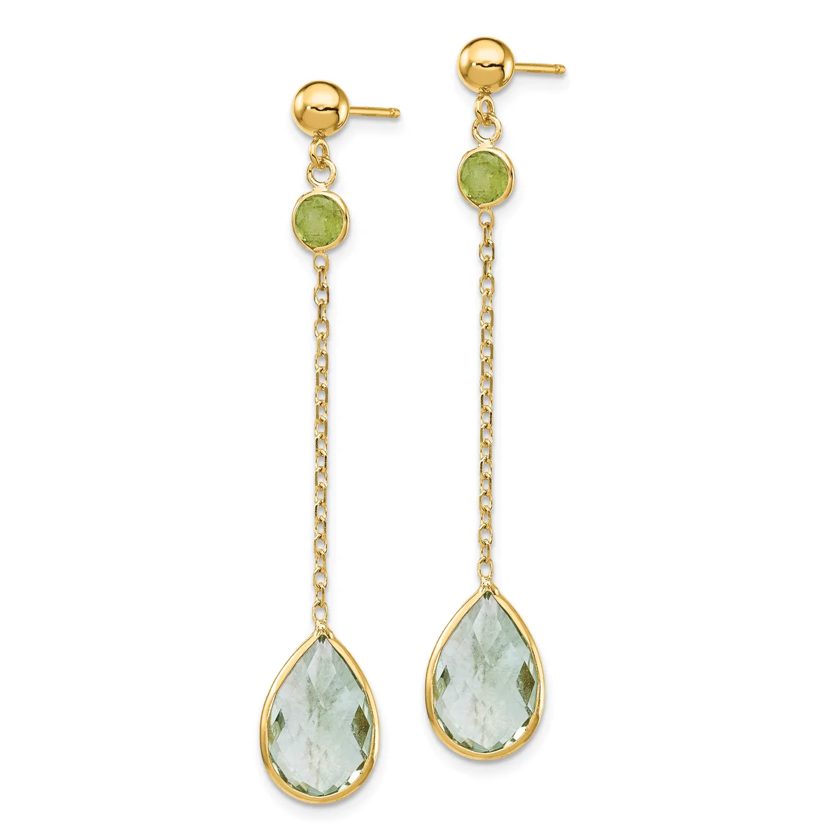 Pair of gold dangle earrings with green peridot studs, delicate chain links, and larger pale green teardrop gemstones at the ends.