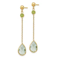 Pair of gold dangle earrings with green peridot studs, delicate chain links, and larger pale green teardrop gemstones at the ends.