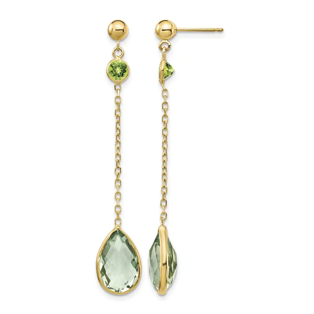 Pair of gold dangle earrings with small round peridot stones at the top, delicate chain links, and larger faceted green quartz teardrop stones at the bottom, shown from front and back views.