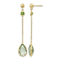 Pair of gold dangle earrings with small round peridot stones at the top, delicate chain links, and larger faceted green quartz teardrop stones at the bottom, shown from front and back views.