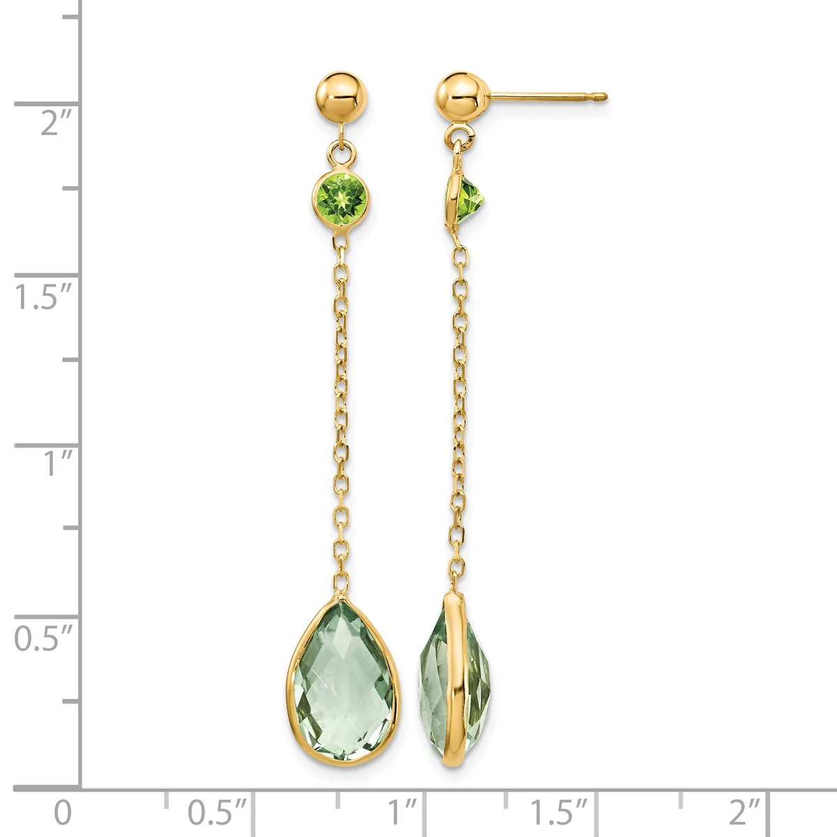 Gold dangle earrings with small round peridot stones at the top, delicate chain links, and larger teardrop-shaped green amethyst stones at the bottom, shown against a ruler for scale.