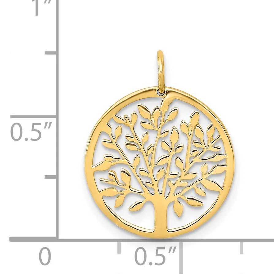 Gold tree of life pendant with cutout leaves on a circular background, shown next to a measurement scale indicating approximately one inch in diameter.