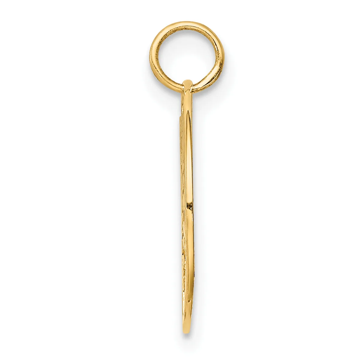 A gold-colored pendant with a circular loop at the top and a long, tapered shaft extending downward, shown against a white background.