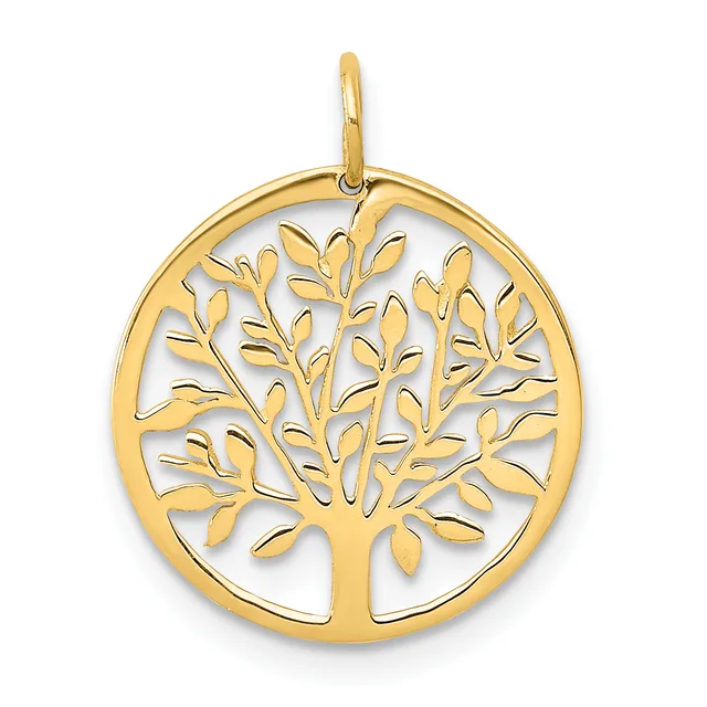 Gold tree of life pendant with an open circular design and a small hallmark, shown hanging from a bail against a white background.