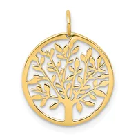 Gold tree of life pendant with an open circular design and a small hallmark, shown hanging from a bail against a white background.