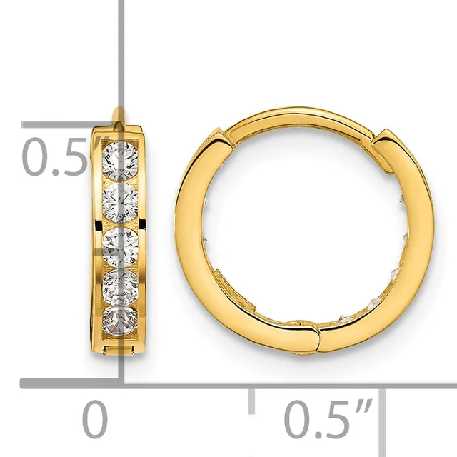 Gold hoop earrings with channel-set round diamonds, shown from front and side views with measurement scale indicating approximately 0.5 inches in diameter.