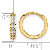 Gold hoop earrings with channel-set round diamonds, shown from front and side views with measurement scale indicating approximately 0.5 inches in diameter.