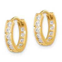 Pair of gold hoop earrings with alternating round and square cubic zirconia stones set along the inner and outer surfaces.
