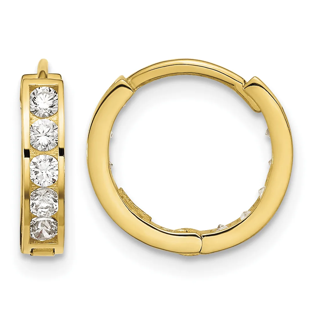 A pair of yellow gold hoop earrings with channel-set round diamonds, shown from the front and side view.