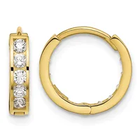 A pair of yellow gold hoop earrings with channel-set round diamonds, shown from the front and side view.
