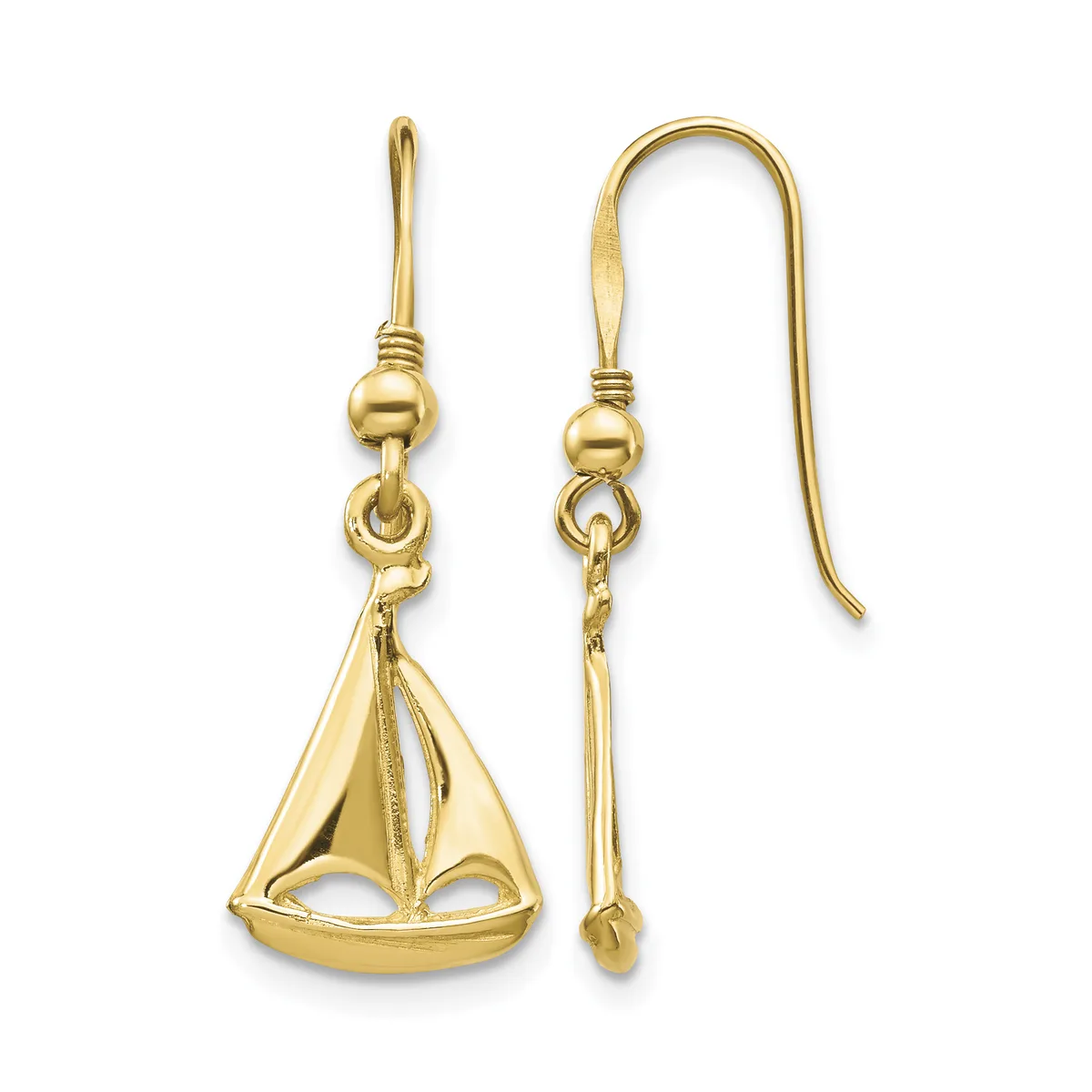 Pair of gold sailboat dangle earrings with hook backs, shown from front and side views.