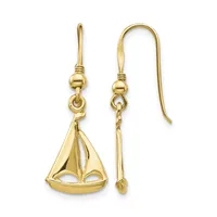 Pair of gold sailboat dangle earrings with hook backs, shown from front and side views.