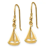 Pair of gold sailboat-shaped dangle earrings with curved ear wires and decorative chain links at the top.