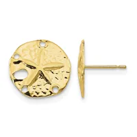 Gold sand dollar stud earrings shown from front and side view, featuring a flat circular disc with cutout details and a post with backing.