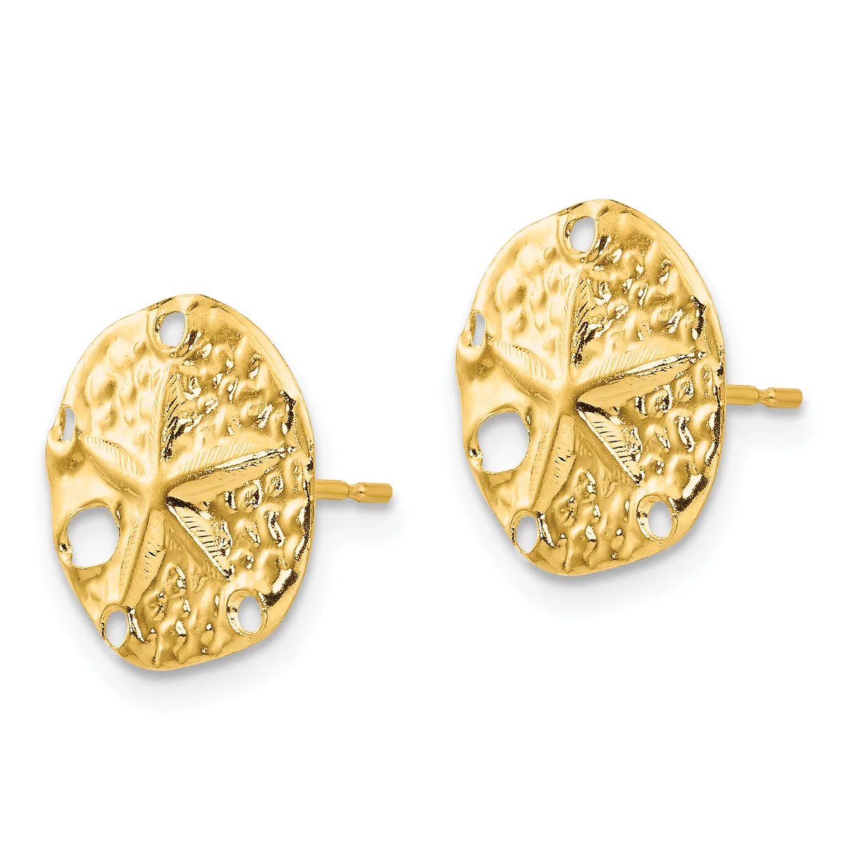 A pair of gold sand dollar-shaped stud earrings with textured surfaces and small openings, shown from the front.