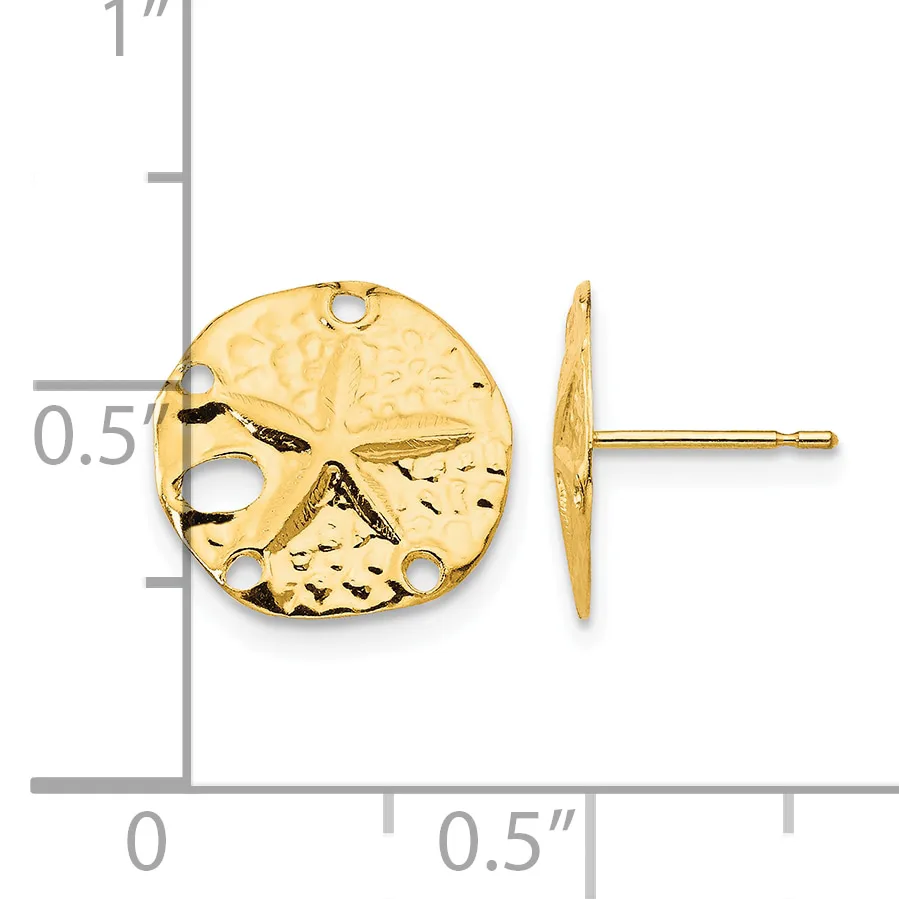 Gold sand dollar stud earrings shown from front and side view next to a ruler measuring approximately half an inch in diameter.