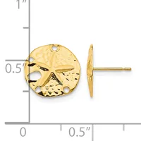 Gold sand dollar stud earrings shown from front and side view next to a ruler measuring approximately half an inch in diameter.