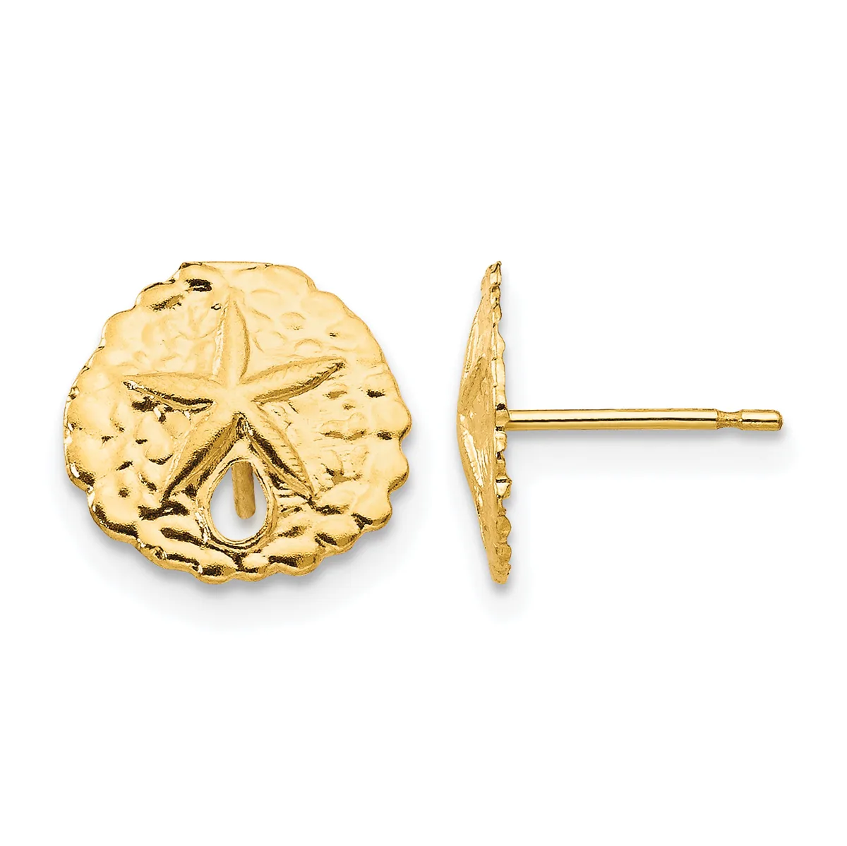 Gold-colored sand dollar stud earrings shown from front and side view with posts and backs visible.