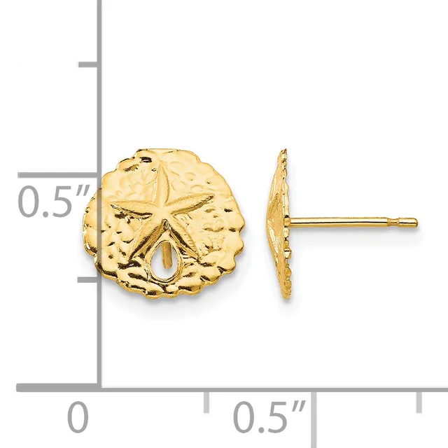 Gold starfish earring studs shown front and side view against a measurement scale indicating approximately 0.5 inch diameter.